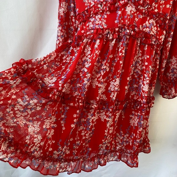 Selfie Leslie Laney Floral Tiered Dress Women M Red Ruffle Babydoll Cutout Back - Picture 6 of 13